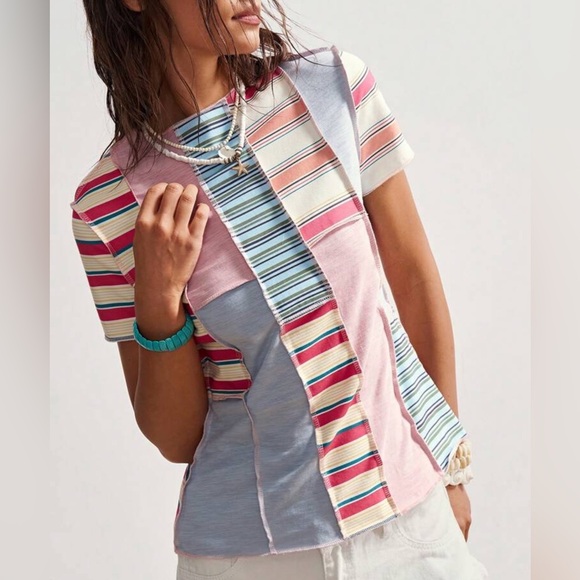 Boho Patchwork Multi Striped Drop Shoulder Fitted Stretch Jean Plus 2X New Top - Picture 3 of 13